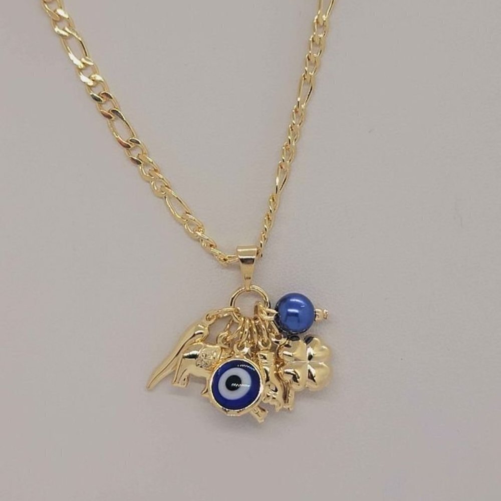 Brand New Brazilian 18k Gold Filled Blue Evil Eye w/ Lucky Charms Necklace - Picture 6 of 8